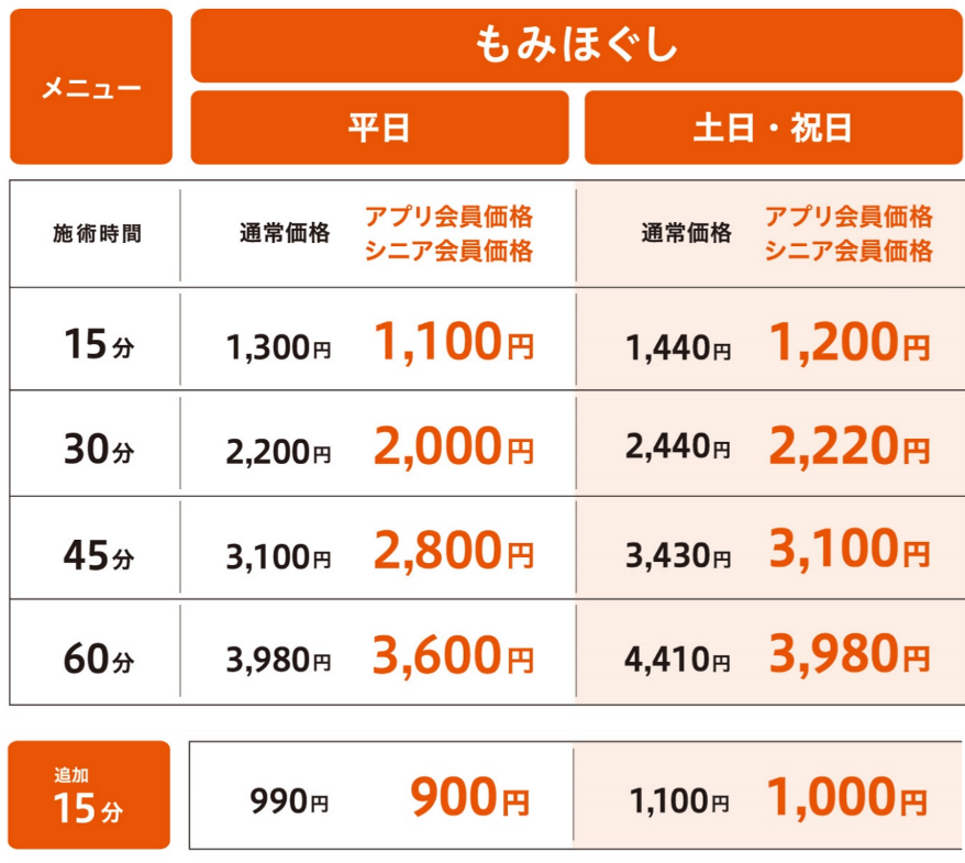 メニューと料金 | リラクゼーション・もみほぐし・足つぼ・リフレのりらくる